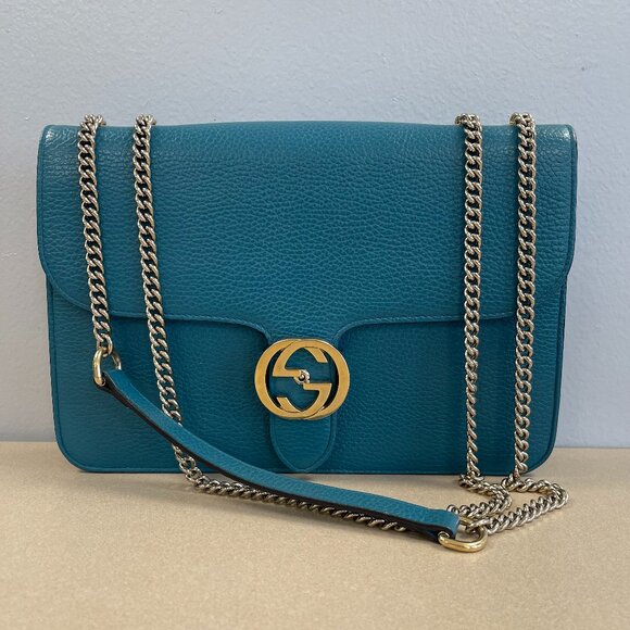 Gucci Handbags - Gucci Interlocking G Crossbody Bag in Blue Pebbled Leather - Preowned